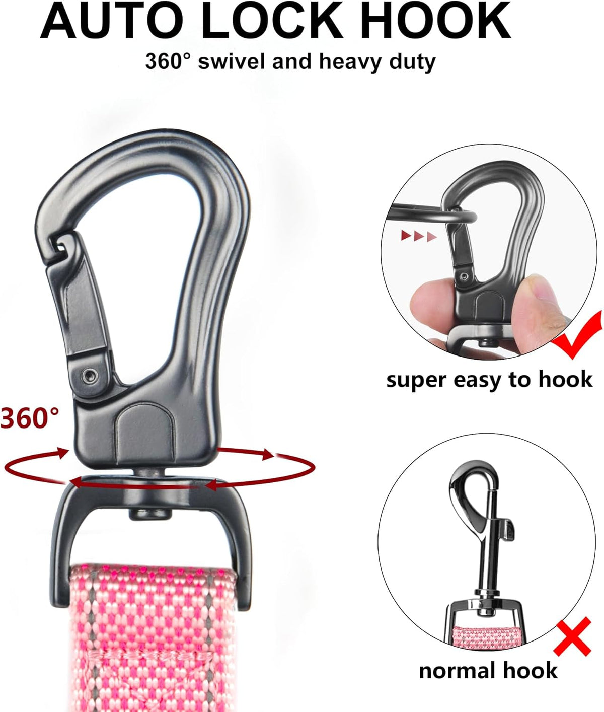 TwoEar 4FT 1IN Strong Pink Dog Leash with 2 Padded Handles, Traffic Handle Extra Control, Comfortable Soft Dual Handle, Auto Lock Hook, Reflective Walking Lead for Small Medium and Large Dogs