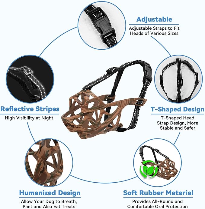 Dog Muzzle for Large Dogs, Breathable Basket Muzzles for Small, Medium and X-Large Aggressive Dog, Allows Panting Drinking, Suitable for Grooming Trimming Training (Camouflage Brown, XL)