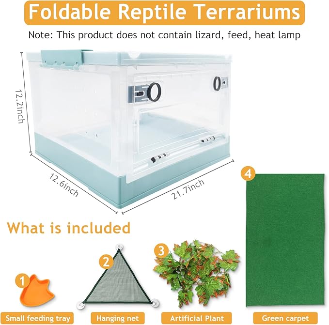 Travel Portable Foldable Terrarium Kits for Reptiles -Heat-Resistant Material, Easy to Move with Wheels, Includes Plant, Feeding Bowl, and Carpet for Snakes, Lizards, Tortoises, and Leopard
