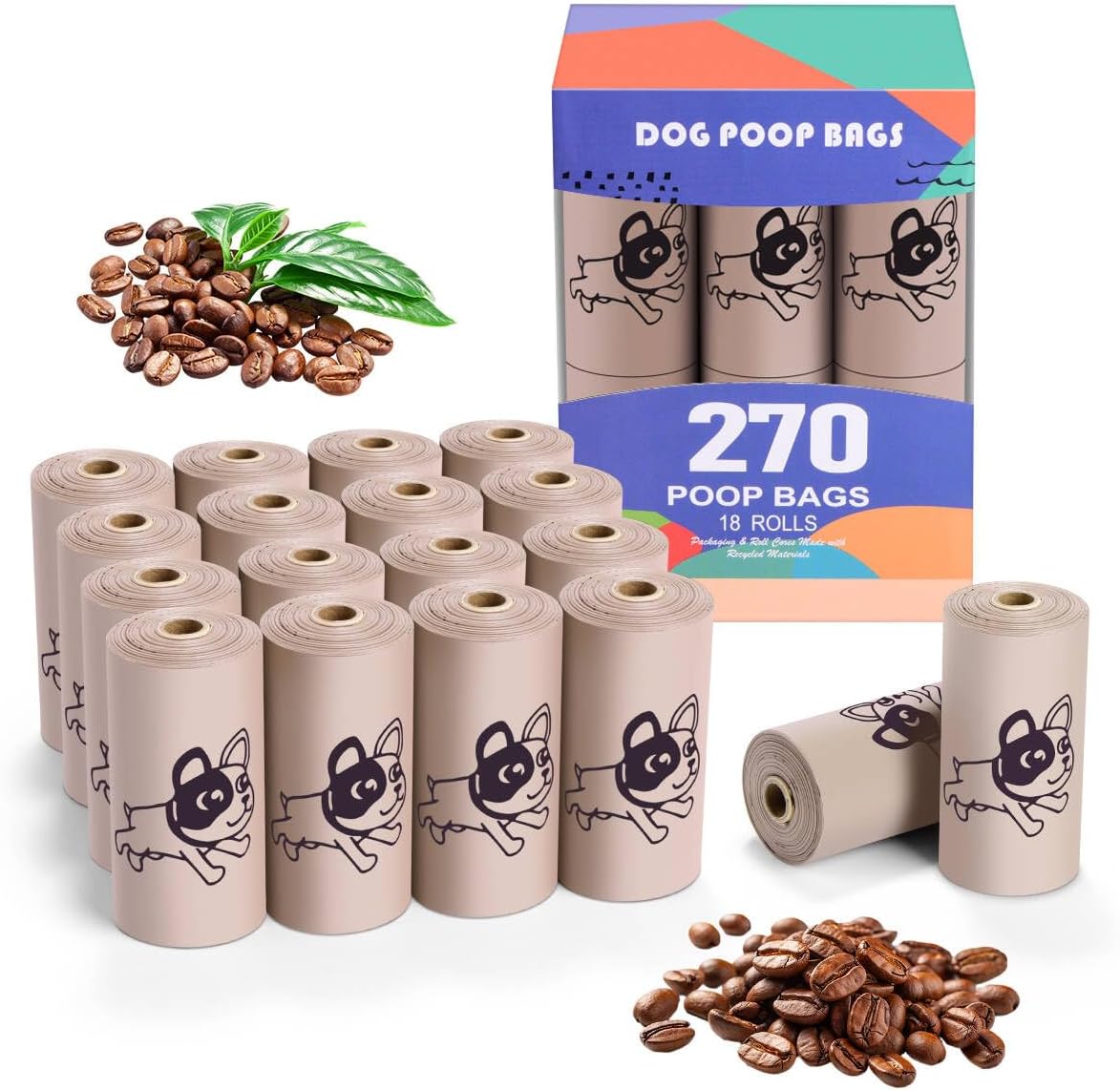 Coffee Dog Poo Bags Coffee scent - 270 Large Biodegradable Poop Bags, Extra Thicken Strong Corn Starch Blended Compostable Leak Proof Poop Waste Bag for Dogs
