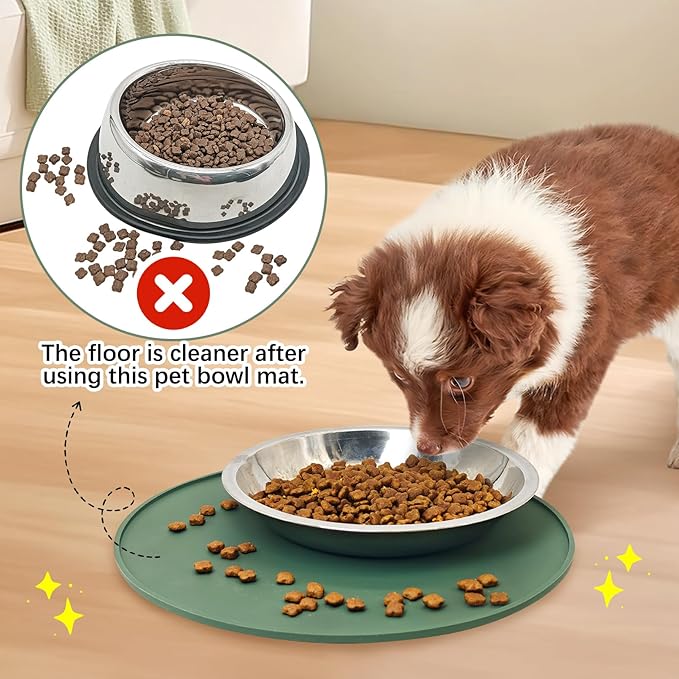 BNOSDM Silicone Cat Feeding Mat 2 Pack Dog Bowl Mats Pet Silicone Food Mat for Food and Water Nonslip Waterproof Feed Mats Round Eating Plate for Small and Medium Cats and Dogs (Dark Green)