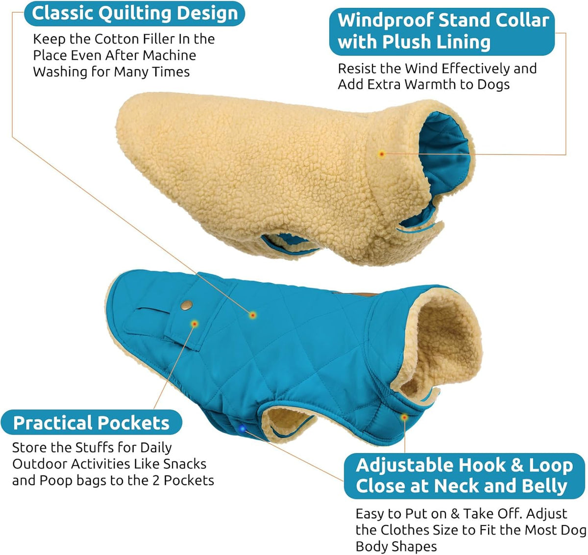 Queenmore Dog Winter Coat Warm Puffer Jacket Waterproof Plush Lining Thermal Cold Weather Vest for Small Medium Large Dogs, Windproof Easy On Pet Jacket Blue L