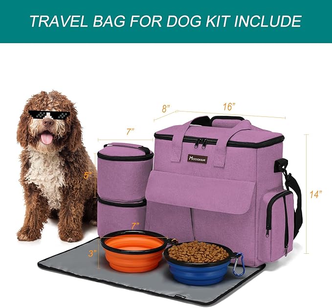 Modoker Dog Food Tote Bag, Airline Approved Pet Gear Travel Set Portable Diaper Accessories Organizer with 2 Food Storage Containers, 2 Collapsible Bowls, 1 Feeding Mat (Pink)