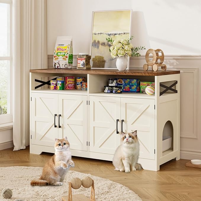 Cat Litter Box Enclosure for 2 Cats, 47" Hidden Litter Box Furniture Cat Washroom with Double Large Room, Farmhouse Indoor Litter Box Cabinet TV Stand, White