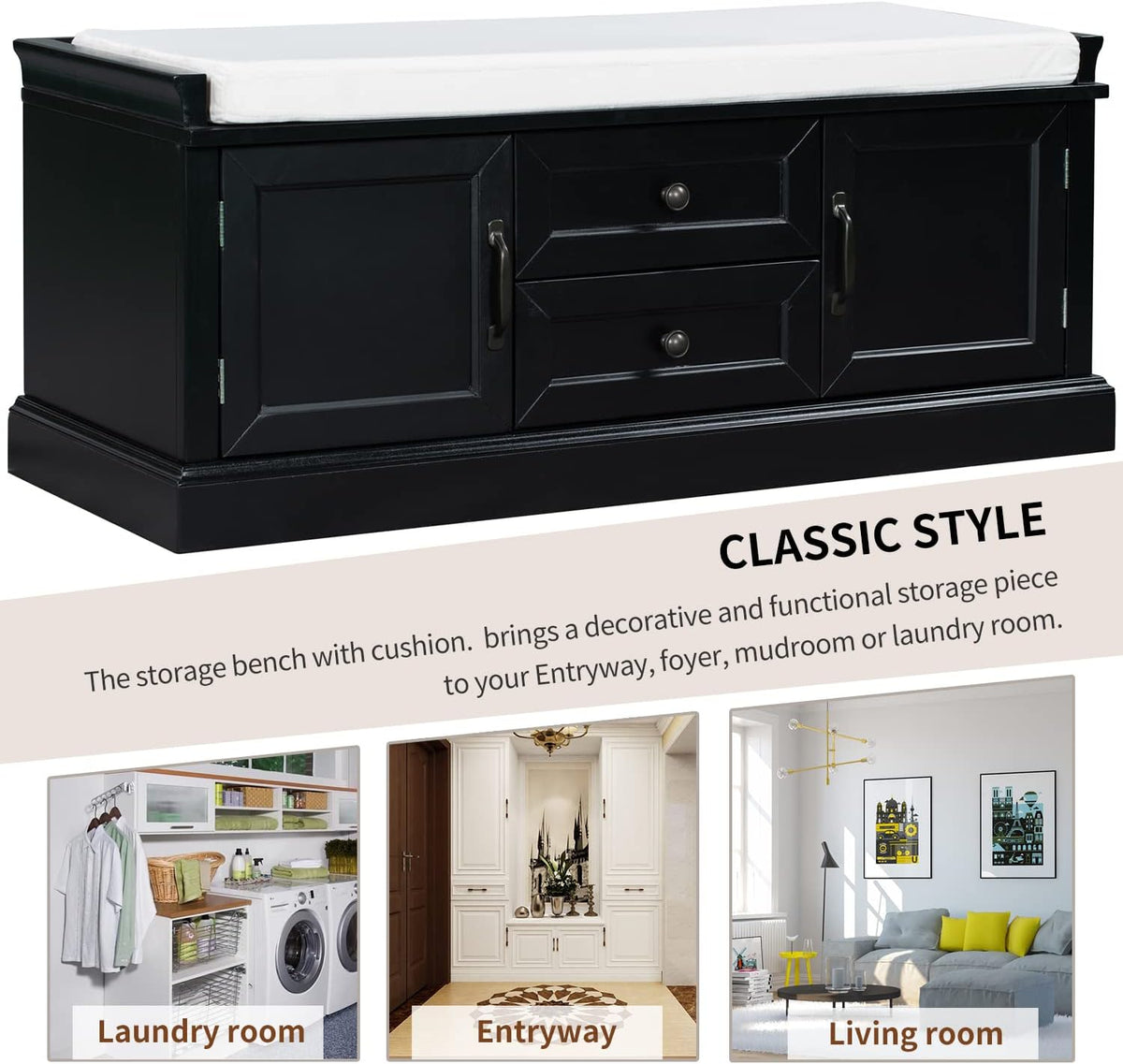 Storage Bench with 2 Drawers and 2 Cabinets, Pine Wood Shoe Bench with Removable Cushion for Living Room, Entryway 42.5" L x 15.9" W x 17.5" H (Black)