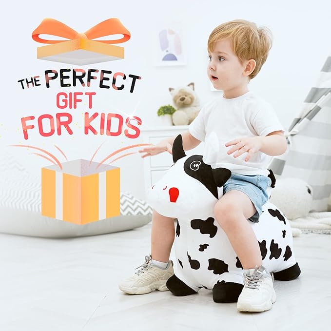 EVERICH TOY Bouncy Horse Cow Toys, Inflatable Bouncing Animal Hopping Toys, Outdoor Indoor Ride on Bouncer, Boys Girls Birthday Gift for 18 Month 2 3 4 5 6 Year Old Kid- Plush Cow Toy