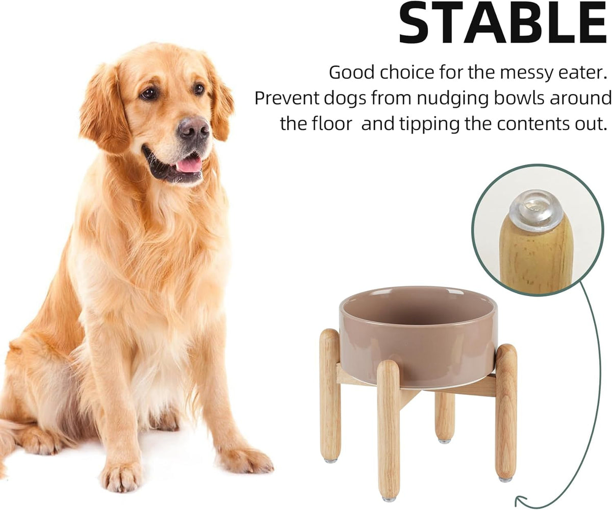 Ceramic 7.3inch Raised Dog Bowl Set, Elevated with Wooden Stand, Food and Water Bowl for Medium Breed Dogs, Weighted Dog Dishes, Pet Feeder(Brown Coffee)