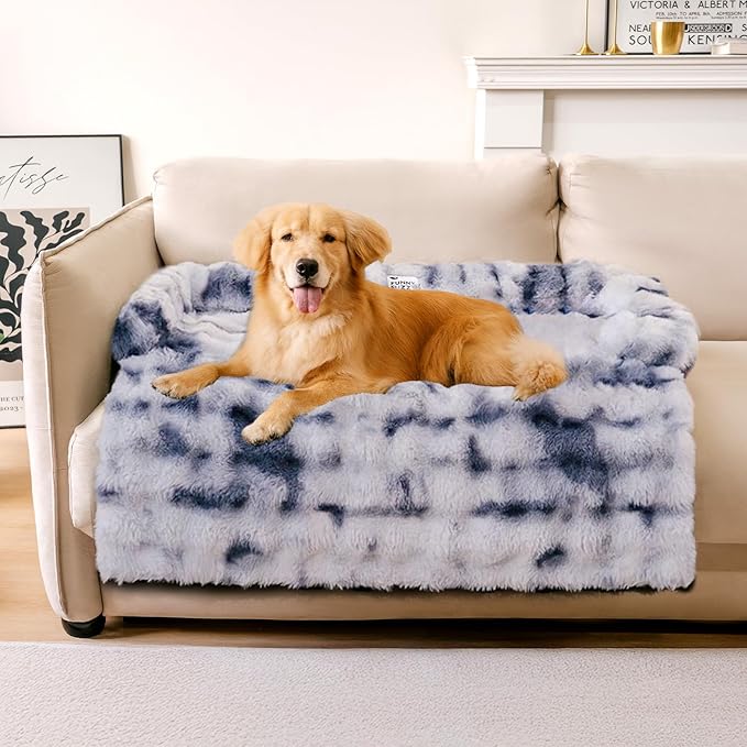 FUNNY FUZZY Pet Fluffy Fuzzy Calming Dog Couch Bed Sofa Protector Washable Pets Mat for Large Medium Small Dogs and Cats (Tie-dye Blue,37.4 × 33.46 × 6.3 in)