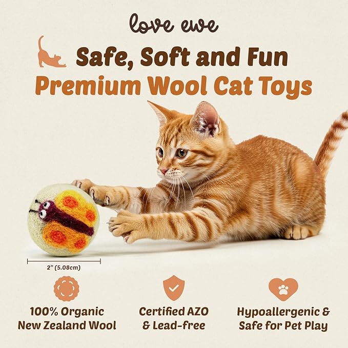 Hustle & Blush Love Ewe Felted Cat Toys 3 Pack - 2 Inch Dragonfly & Butterfly Hand Made Cute & Fun Design Kitten Wool Felt Balls for Indoor Play & Exercise - 100% New Zealand Handmade - Holiday Pet