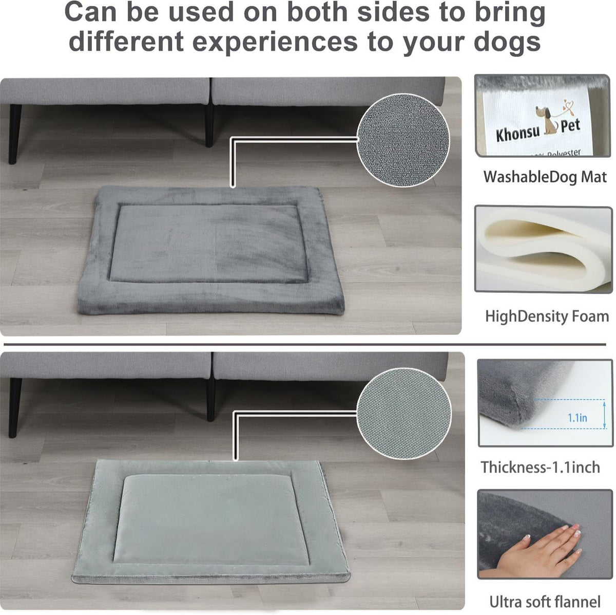 KHONSU PET Dog Bed Mat for Crate 1.1in Slim Cooling Pad Reversible Flannel & Waterproof Canva for Dogs up to 45 lbs