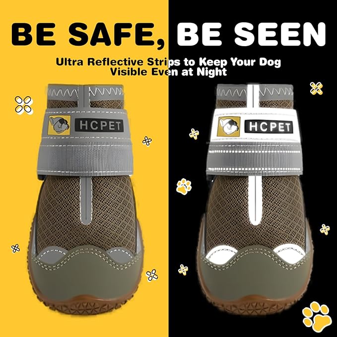 Hcpet Dog Shoes for Large Dogs, Breathable Dog Booties for Small Medium Dogs, Anti-Slip Dog Boots & Paw Protectors for Hot Pavement Winter Snow Hiking with Reflective Straps Army Green Size 2