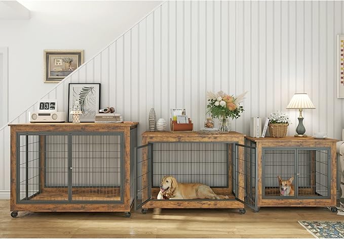 IchbinGo Dog Crate Furniture, Wooden Dog Crate Table, 43.7" Dog Kennel with 3 Doors, Flip-up Top Opening and Wheels, Decorative Pet Crate House for Large/Medium/Small Dog Indoor Use (Rustic Brown)