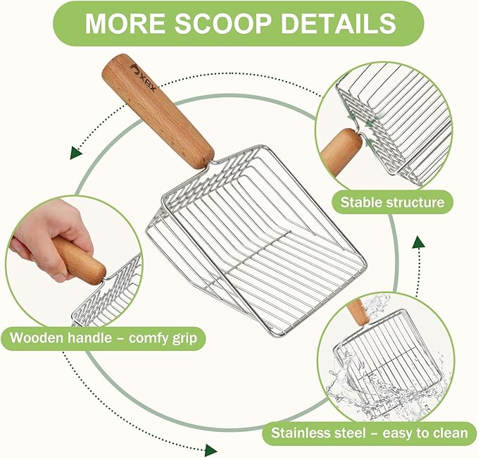 XBX Cat Litter Scoop with Holder, Sturdy Stainless Steel Litter Scooper, Wide Gap Litter Shovel with Beech Wood Handle for Easy Daily Litter Box Cleaning