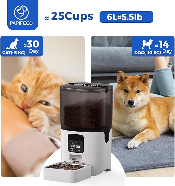 PAPIFEED 6L Automatic Cat & Small Dog Feeder - Programmable Pet Feeder with 36 Daily Meals, Detachable Stainless Steel Bowl, 25 Cup Capacity Smart Food Dispenser for Easy Cleaning