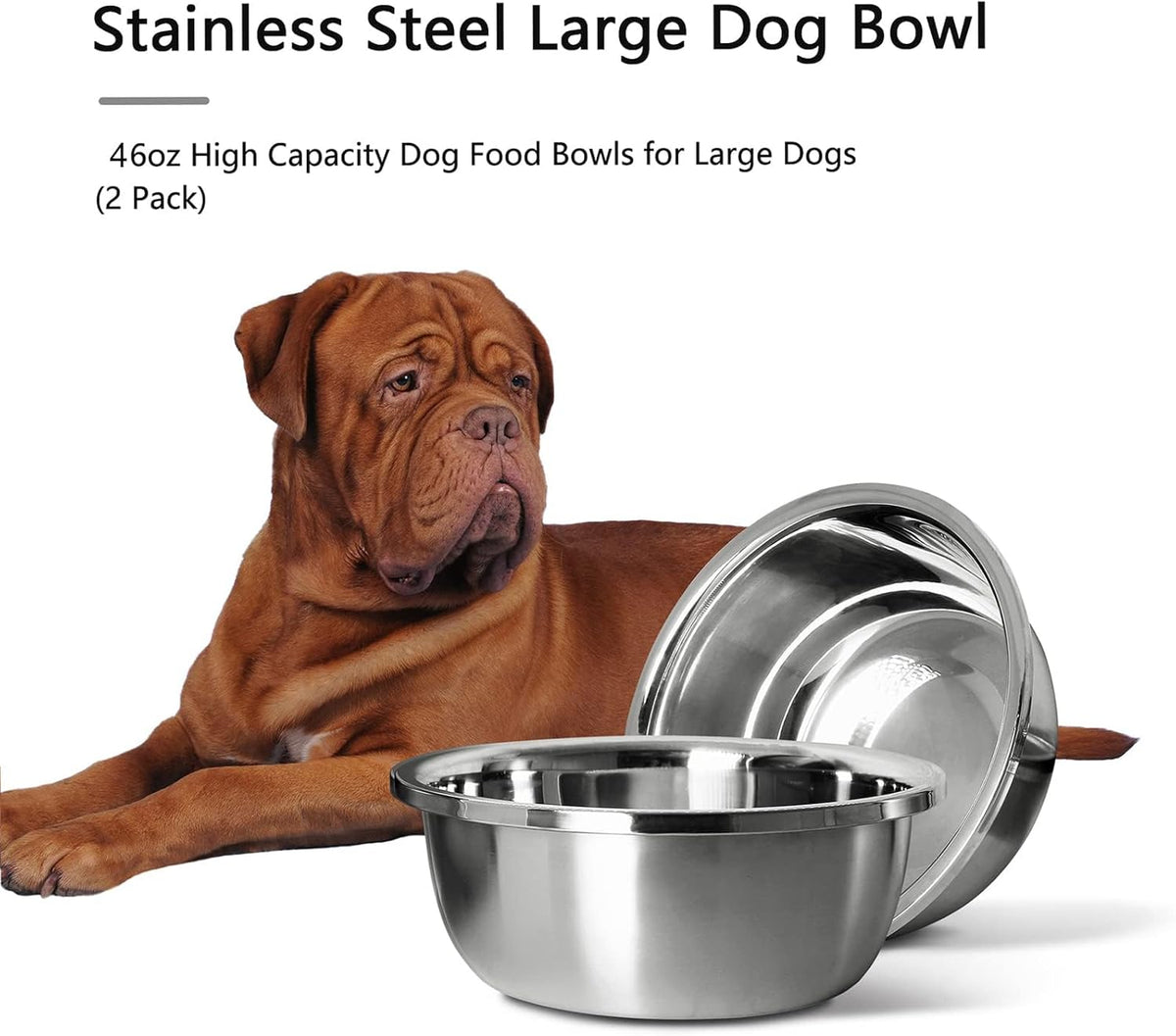 Stainless Steel Large Dog Food Bowl, 46 oz (7cup) Large Capacity Dog Water Bowl, Heavy Duty, BPA-Free for Medium and Small Dogs (2 pcs)
