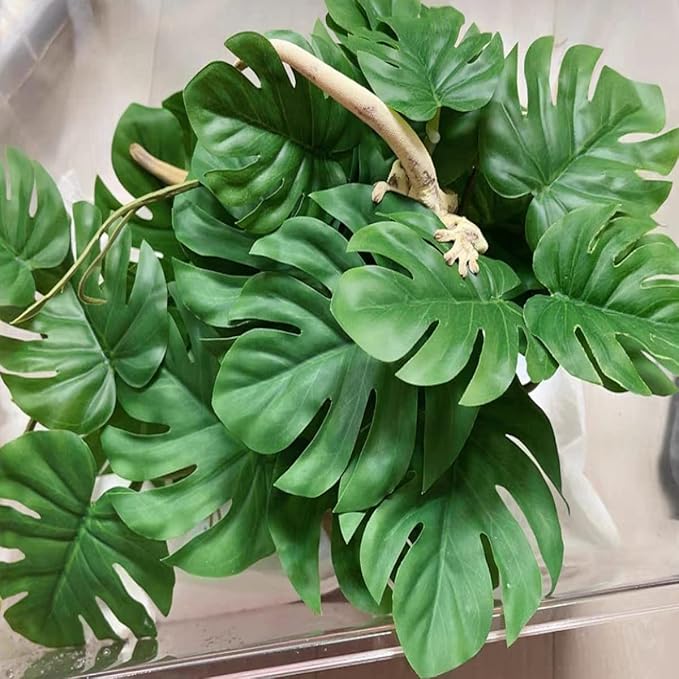 Reptile Plants for Terrarium Decor,Amphibian Habitat Decor,Artificial Plants for Gecko Chameleon Snake Tortoise Tank Accessories with Base (Monstera deliciosa)