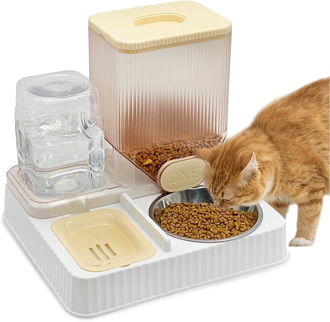 Fhiny Gravity Cat Feeder & Water Dispenser, 2 in 1 Automatic Puppy Waterer Removable Stainless Steel Food Bowls Set Self Feeding Pet Food Storage for Cat Kitten Puppy Easy Clean (Yellow)