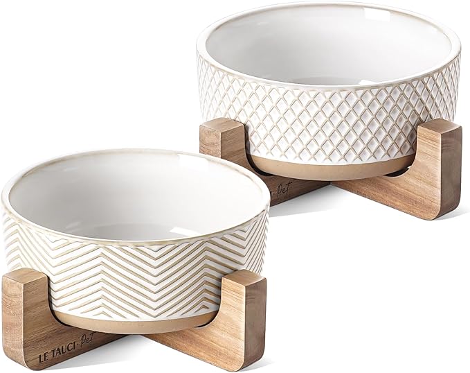 Ceramic Dog Bowl Set, 4 Cups Food and Water Bowl for Medium Small Dogs, Cute Pet Dishes with Wood Stand, Rhombus+Wave Design (Set of 2)