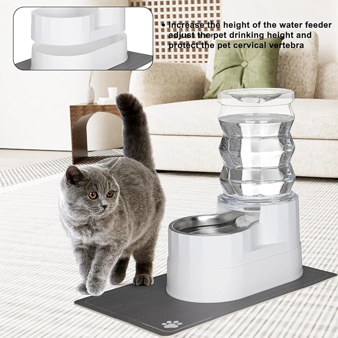 RIZZARI Pet Waterer Gravity Dispenser: White 7L Raised Bowl Feeder - Stainless Steel Anti-Leak Design - for Cats/Dogs Travel