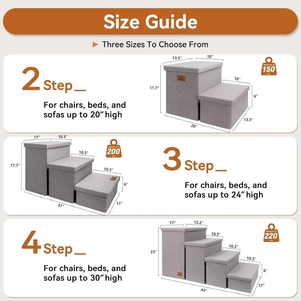 Dog Stairs with Storage 12" H, 2-Step Wider Dog Steps for Dogs Cats, Folding Sturdy Pet Stairs Climbing Sofa Couch, Ramp for Car Hold Up to 150 lbs (Gray, No Condo)