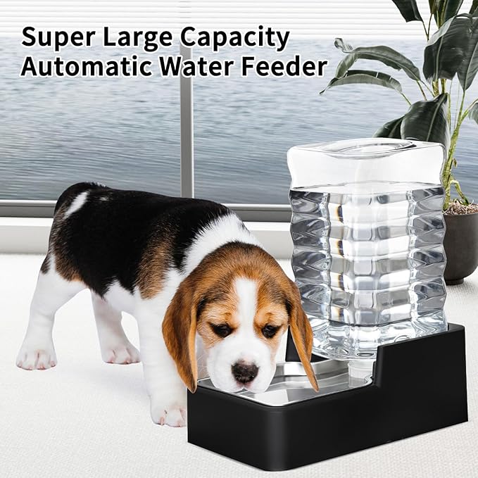 RIZZARI Stainless Steel Pet Water Feeder: 7.5L Black Automatic Leak-Proof Gravity Dispenser - Without Filter - for 20-35LB Senior Dogs with Joint Spine Issues - Bedroom Kitchen