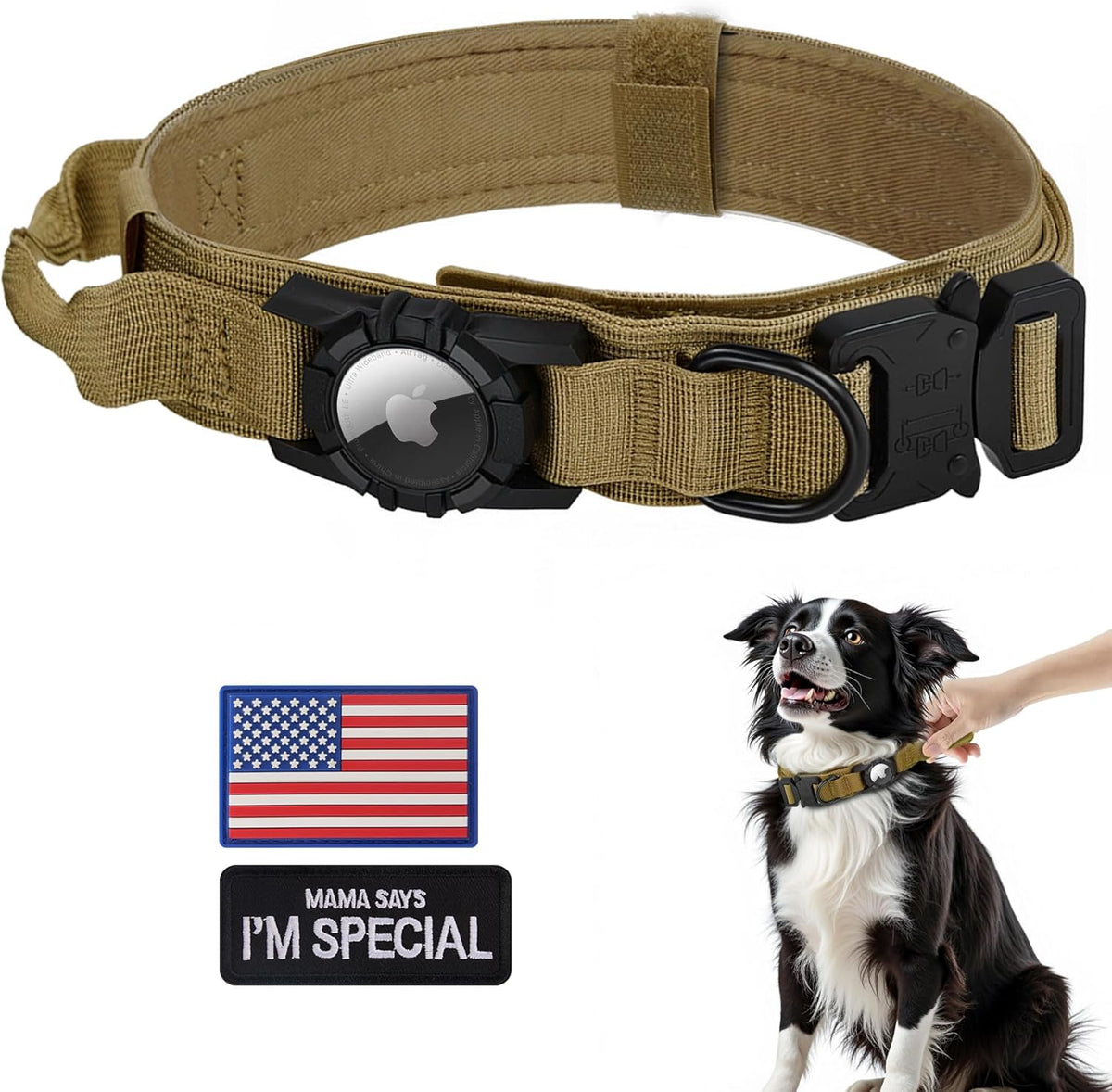 Tactical AirTag Dog Collar - Heavy Duty, Adjustable GPS Collar Compatible with Apple AirTag, with Holder & Control Handle for Medium/Large Dogs [ Brown, L ]
