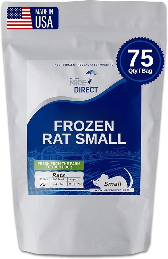 MiceDirect Frozen Rat Smalls Feeder Food Adult Ball Pythons Adult Red Tail Boas Monitors Lizards (4.5-6 in (Pack of 75))