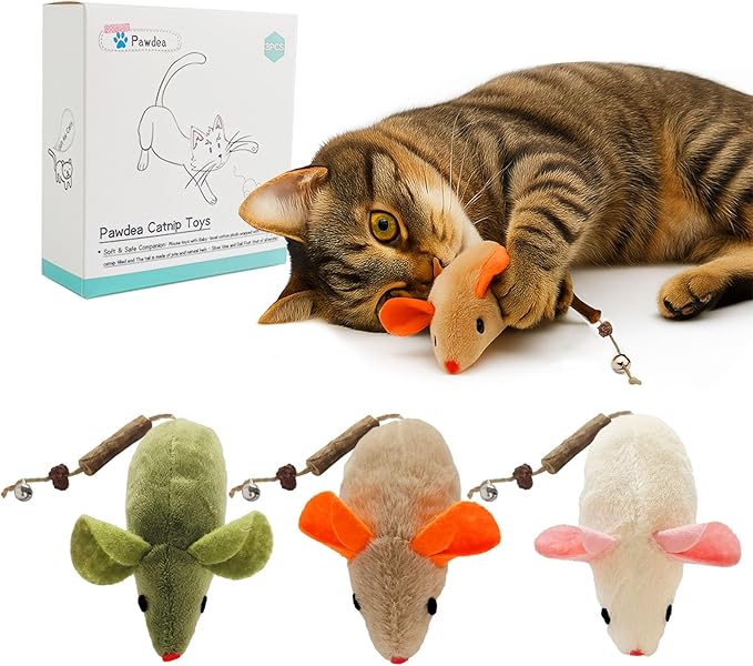 Cat Toys for Indoor Cats, 3Pcs Large 8.9" Plush Mouse Kitten Toys with Bell Tail Sound, Organic Catnip with Silvervine, Individually Packaged Dental Chew Matatabi for Exercise & Oral Health