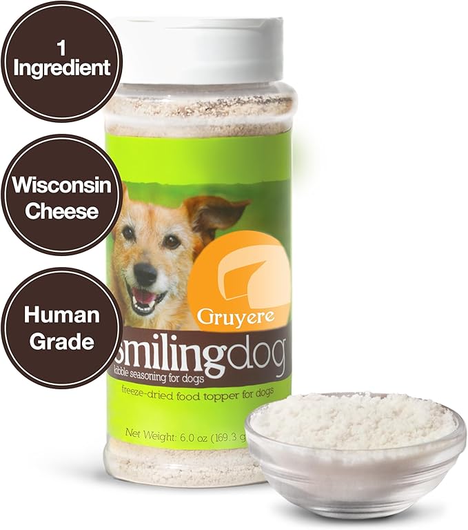 Herbsmith Smiling Dog Kibble Seasoning – Freeze Dried Cheese Food Topper - Gruyere – All Natural, Human-Grade Topper for Dogs - 6 oz