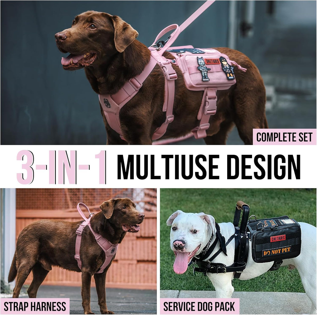 OneTigris Service Dog Vest Harness, Service Dog Cape Guardian Dog Backpack Harness with Pouches Dog Saddle Bag for Small Medium and Large Dogs (Pink, Large)