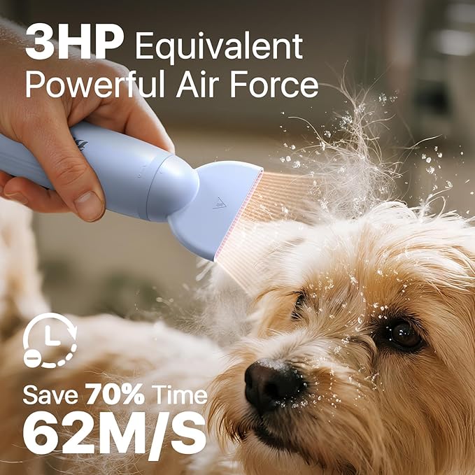 Dog Blow Dryer for Pet Grooming Handheld Lightweight Dog Cat Hair Dryer 3 Speeds 4 Temp, Portable 3HP High Velocity Pet Blower Quiet Dryer for Travel Campaign Home, with 3 Nozzles, Blue