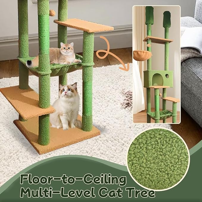 96.5"-108" Cat Tree Floor to Ceiling 7-Tier Cat Tower Adjustable Height with Scratching Posts, Cozy Hammock, Cat Condo for Indoor Cats(Green)