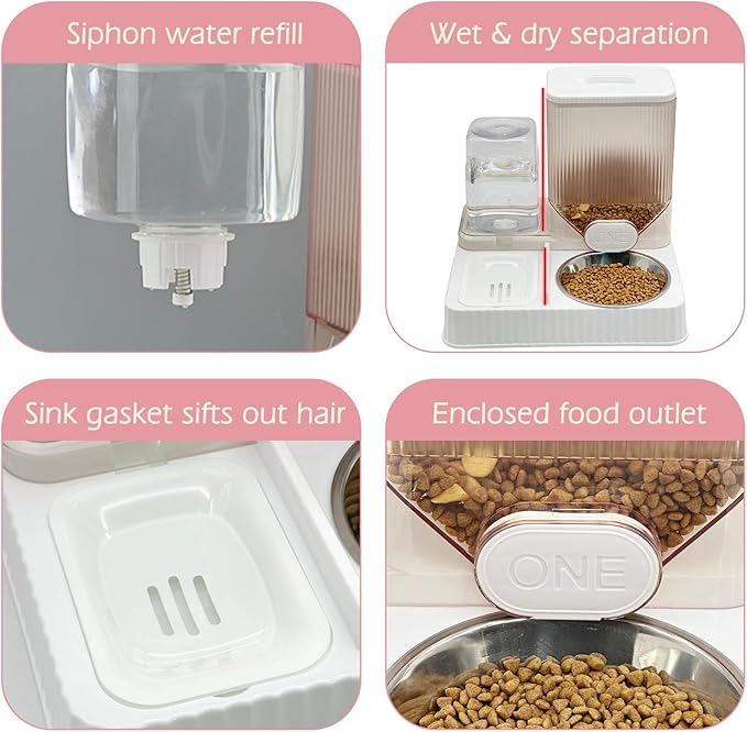 Fhiny Gravity Cat Feeder & Water Dispenser, 2 in 1 Automatic Puppy Waterer Removable Stainless Steel Food Bowls Set Self Feeding Pet Food Storage for Cat Kitten Puppy Easy Clean (White)
