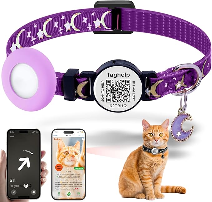 Breakaway Cat Collars with Bell Moons Stars Cute Kitty Adjustable Safe Kitten Collars with Pendant Glow in The Dark,Airtag Cat Collar, Air tag Safety Buckle (Purple)