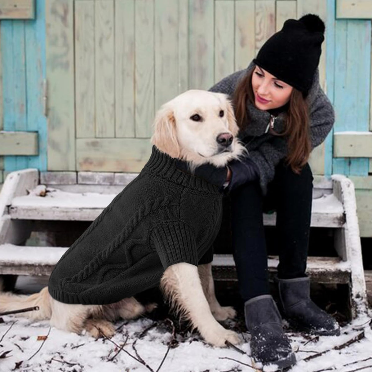 Queenmore Small Dog Pullover Sweater, Cold Weather Cable Knitwear, Classic Turtleneck Thick Warm Clothes for Chihuahua, Bulldog, Dachshund, Pug (Black, Medium)