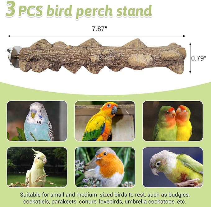 PINVNBY 3Pcs Bird Perches for Cage, Nature Wood Prickly Parrot Stand Toy Paw Grinding Stick for Small Medium Birds Parrot Parakeet Cockatiel Conure Cage Accessory