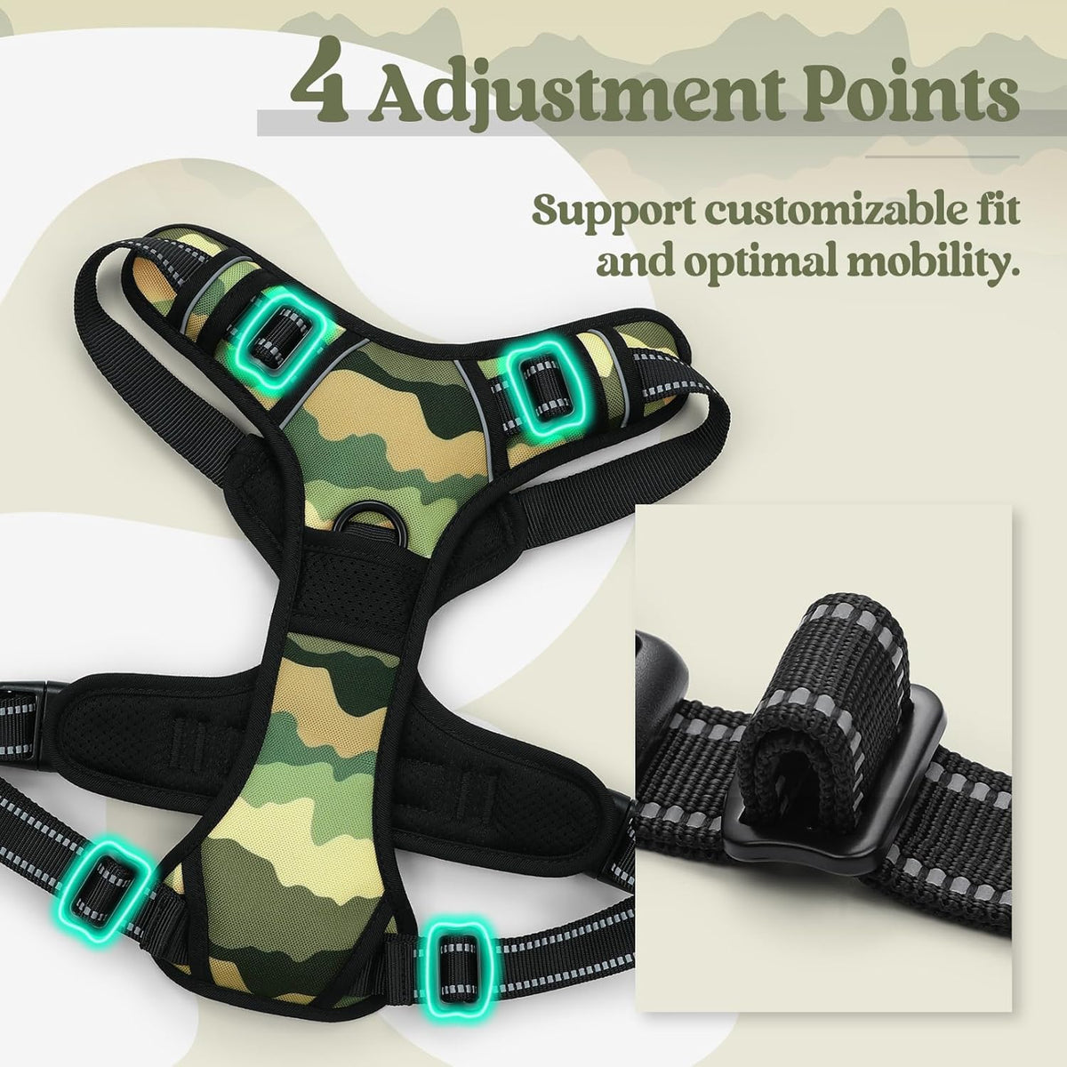 rabbitgoo Dog Harness No Pull with 2 Leash Clips, Adjustable Soft Padded, Reflective Oxford No Choke Pet Vest with Easy Control Handle for Large Dogs, Green Mountain, M