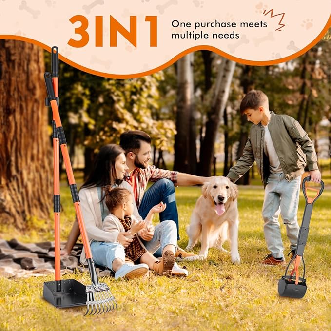 28" Pooper Scooper and 38" Heavy Duty Stainless Steel Rake & Tray Set, 3 in 1 Portable Dog Pooper Scooper Set for Large Medium Small Dogs in Grass, Dirt or Gravel