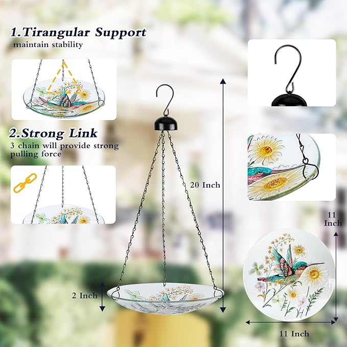 MUMTOP Hanging Bird Bath-Bird Baths for Outdoors - 12 Inch Hummingbird Daisy Glass Bird Water Bowl Bird Feeders for Outside, Garden, Lawn Yard Decor