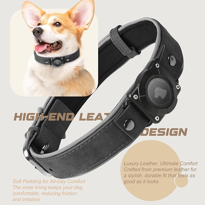 AirTag Dog Collar - Leather Dog Collar with Air Tag Holder | IPX8 Waterproof, Reflective, High - End, Adjustable Soft Padded | Dog GPS Tracker Collars Fit for Medium Large Dogs (Black, XL)