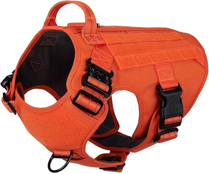 ICEFANG Tactical Dog Harness, Large Size,2X Metal Buckle,Working Dog MOLLE Vest with Handle,No Pulling Front Leash Clip,Hook and Loop Panel (Orange,L (Pack of 1))