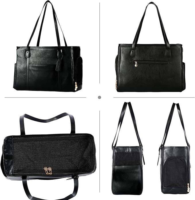 Stylish Dog Purse Carrier, Leather Pet Carrier Bag for Small Dogs Cats Puppy, Airline Approved Soft-Sided Carrier Black