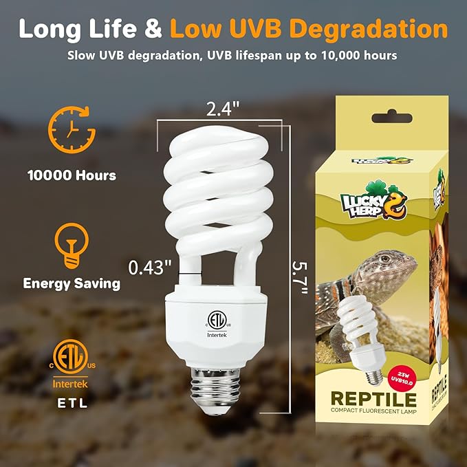 LUCKY HERP UVA UVB Reptile Light 10.0, Desert UVB 150 Compact Fluorescent Lamp, UVB Light for Reptiles 23W, UVA UVB Reptile Light Bulb, UVB Bulb for Reptiles Bearded Dragons Lizards Tortoises Snakes