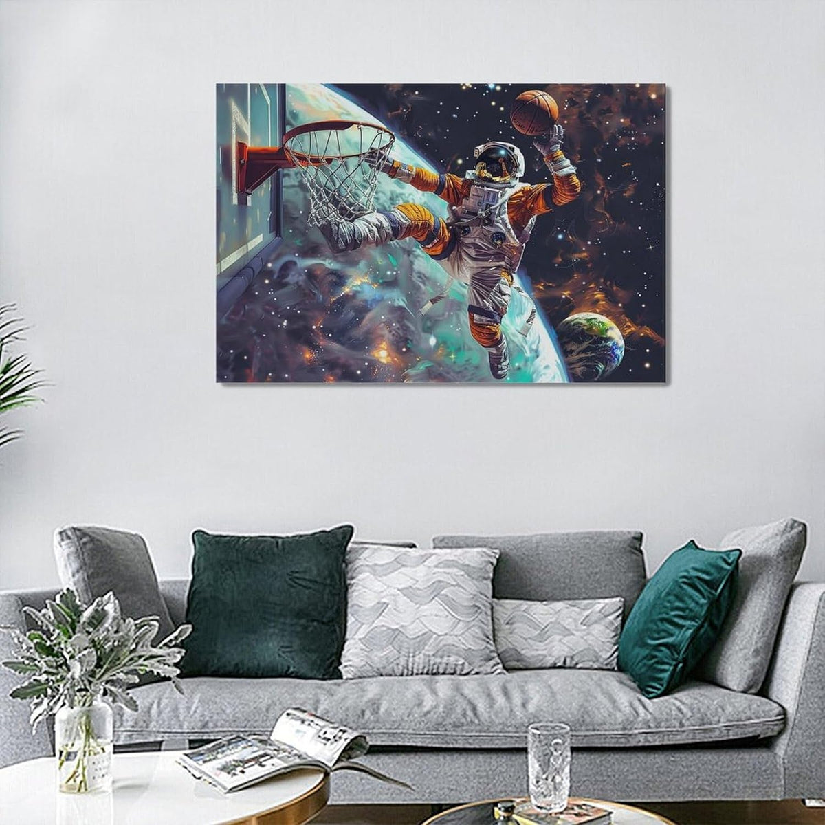 Quorin Astronaut Wall Art Funny Spaceman Basketball Pictures Space Galaxy Planet Wall Decor Canvas Print Painting Artwork for Bathroom Living Room Bedroom 16"x24"