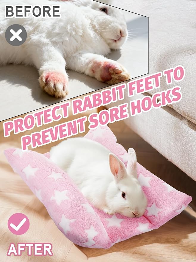 MEWTOGO 15.7x14in Rabbit Bed - Thickened Soft Bunny Concave Bed, Cuddle Cushion Plush Mat with Cotton Lounger Pillows for Cage Sleeping Indoor Bunny Gifts, Pink-Star