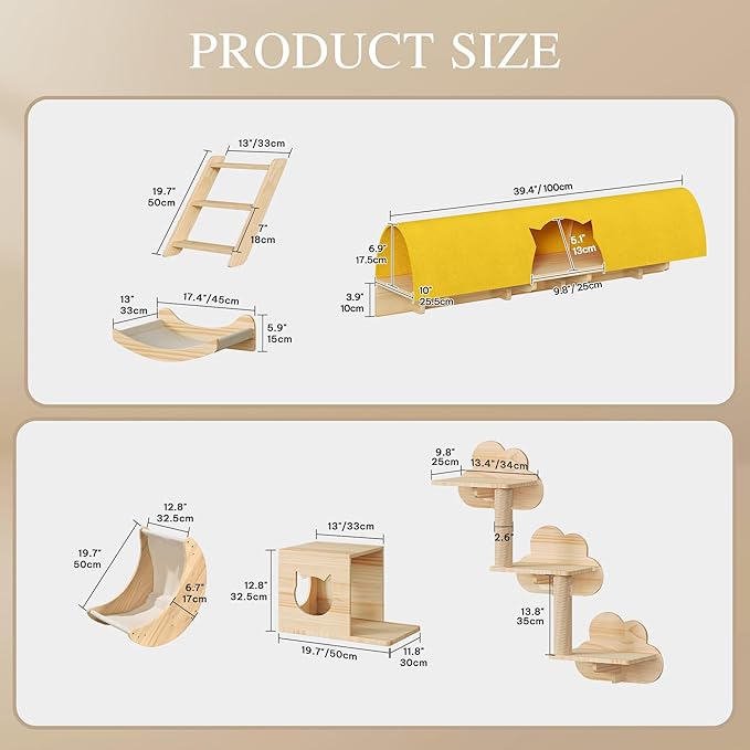 Cat Wall Shelves and Perches, Solid Wood Wall Mounted Cat Furniture, Set of 13 Cat Climbing Shelves with Moon Hammock, House, Wall Ladder, Scratching Post and Cat Tunnel