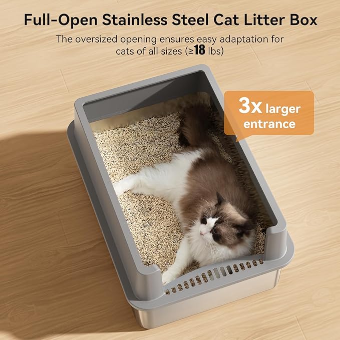 28" Extra Large XXL Stainless Steel Cat Litter Boxes with Lid Metal Cat Litterbox Pan for Big Cats and Multiple Cats, Anti-Leakage, Easy Cleaning, Include Scoop