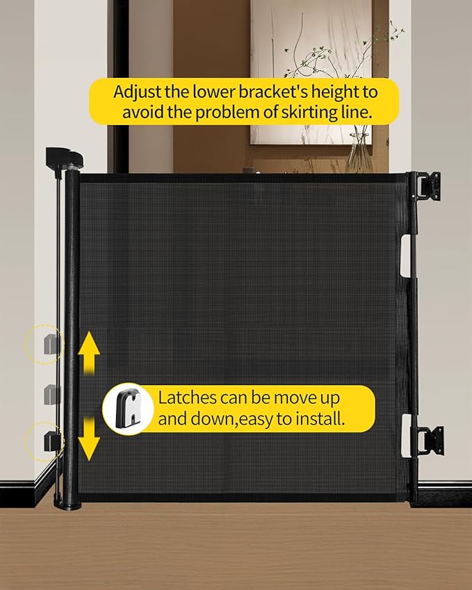 Retractable Baby Gate for Stairs – 33” Height, Expands up to 71” Width – Safety Gate for Infants, Toddlers, Dogs & Pets – Easy Install, Secure Closure, Black Mesh Design for Indoor & Outdoor Use
