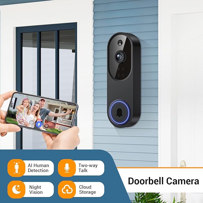 1080p Wireless Cameras & Monitor Video Doorbell Camera for Home Security, Pet dog Monitor, Cloud Storage, AI Human Detection, Night Vision, Two Way Audio, Indoor Outdoor Surveillance, 2.4G Wi-Fi Only