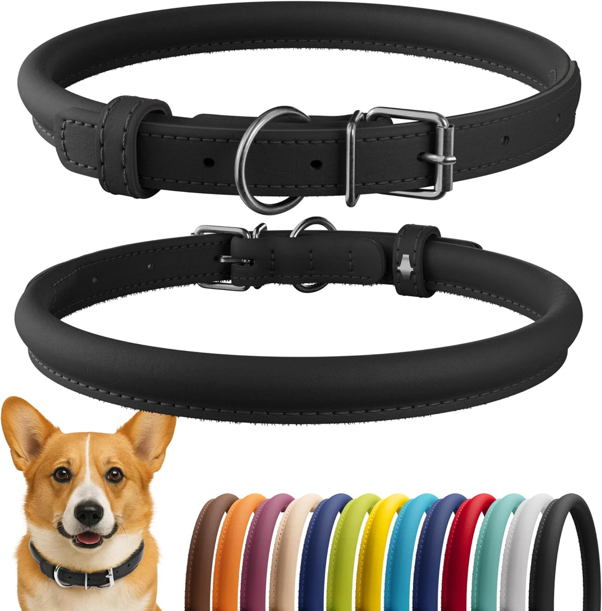 CollarDirect Rolled Leather Dog Collar, Soft Padded Round Puppy Collar, Handmade Genuine Leather Collar Dog Small Large Cat Collars 13 Colors (13-16 Inch, Black Smooth)